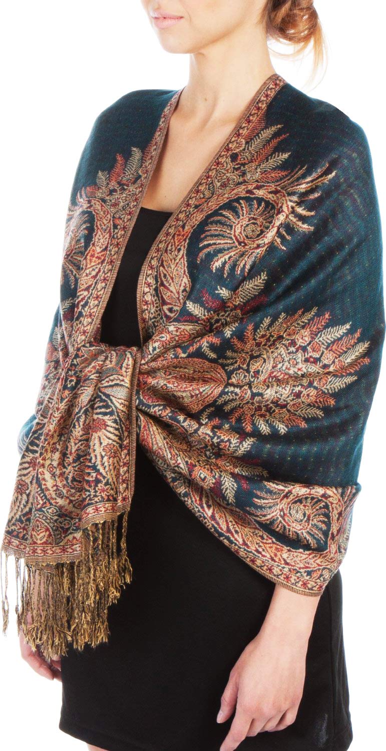Sakkas Luxurious Double Layered Jacquard Big Paisley Pashmina Shawl Wrap Scarf - Teal - Image 1